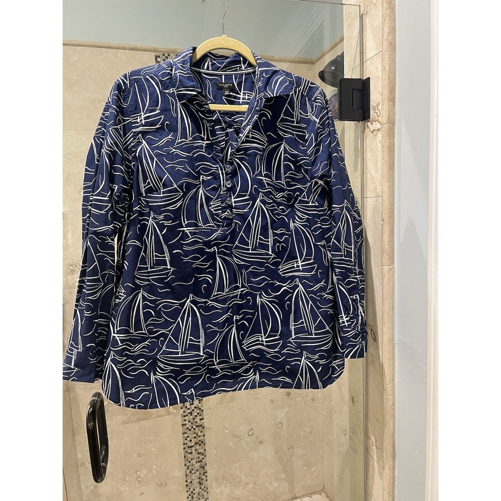 Talbots Navy Blue White Sailboat Button Down Shirt XLP Nautical Cotton Petites